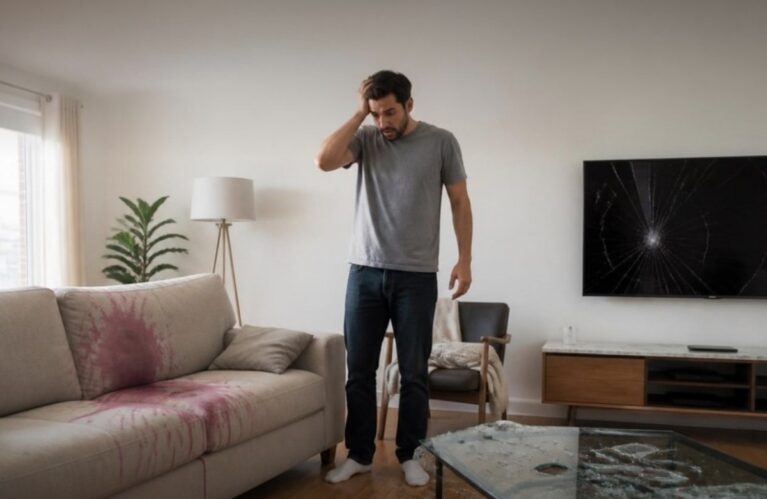 Airbnb host looking at guest damage: stained sofa, broken coffee table and cracked TV