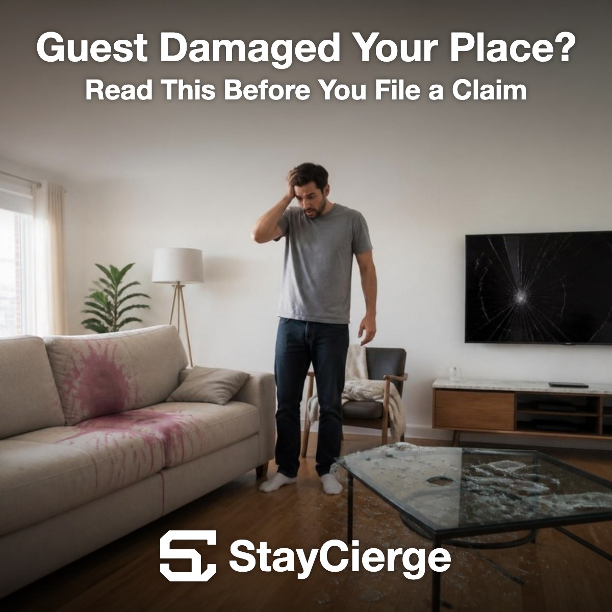 Airbnb host looking at guest damage: stained sofa, broken coffee table and cracked TV