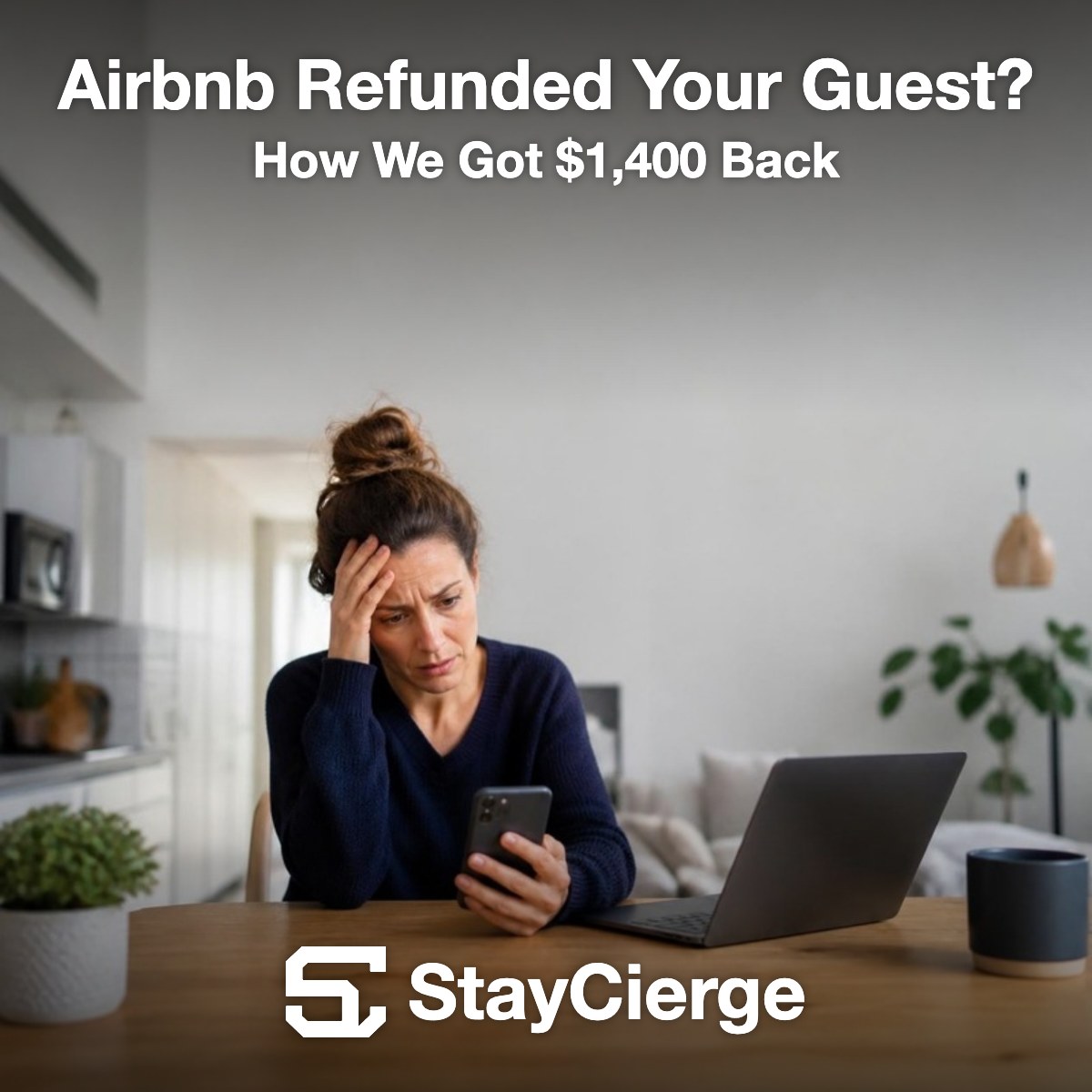 Frustrated Airbnb host looking at her phone after Airbnb refunded a guest without her approval