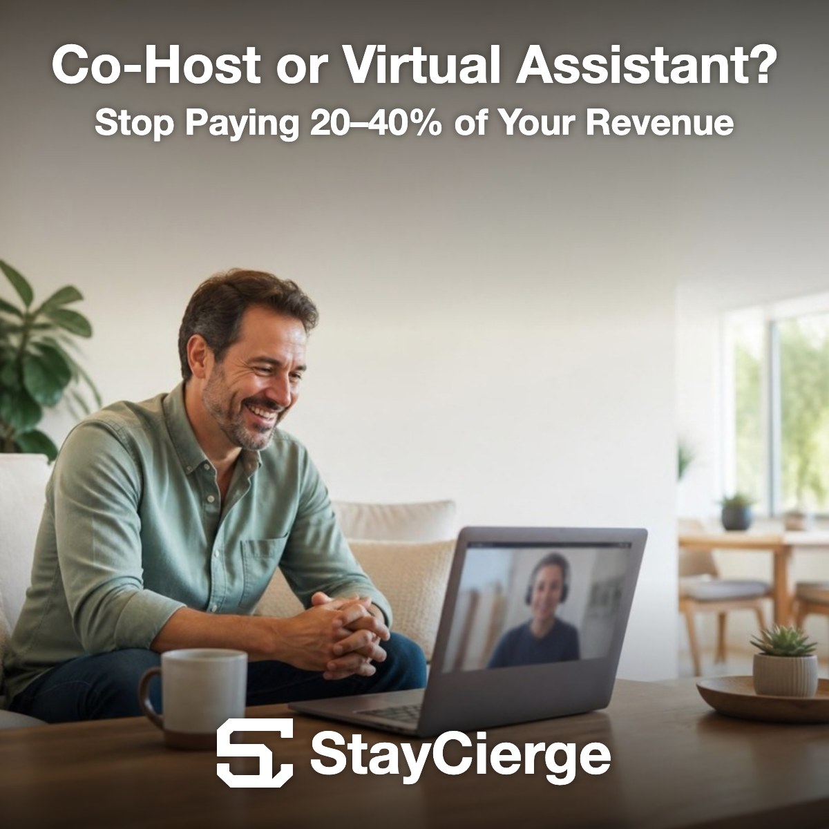 Airbnb host on a video call with his virtual assistant instead of paying a co-host